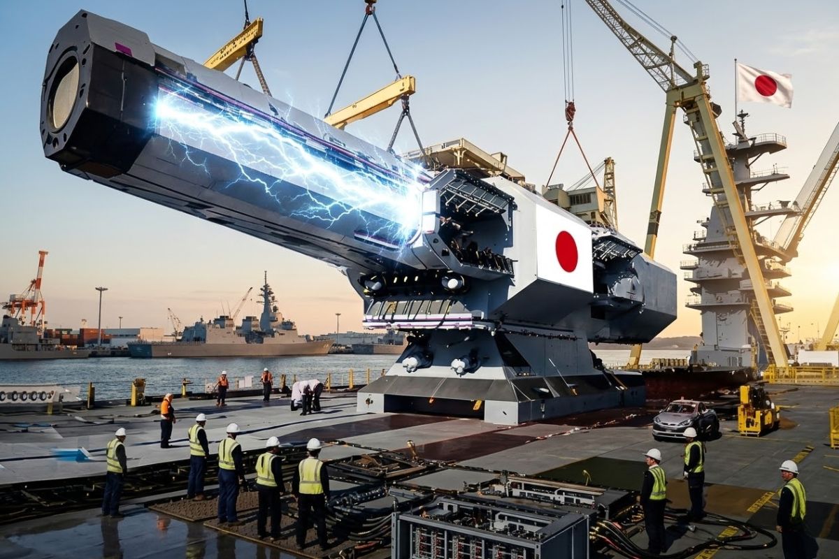 Nova arma eletromagnética do Japão usa railgun acima de Mach 6 para enfrentar mísseis hipersônicos no mar e pode mudar a defesa antimíssil com tiros mais rápidos e baratos.
