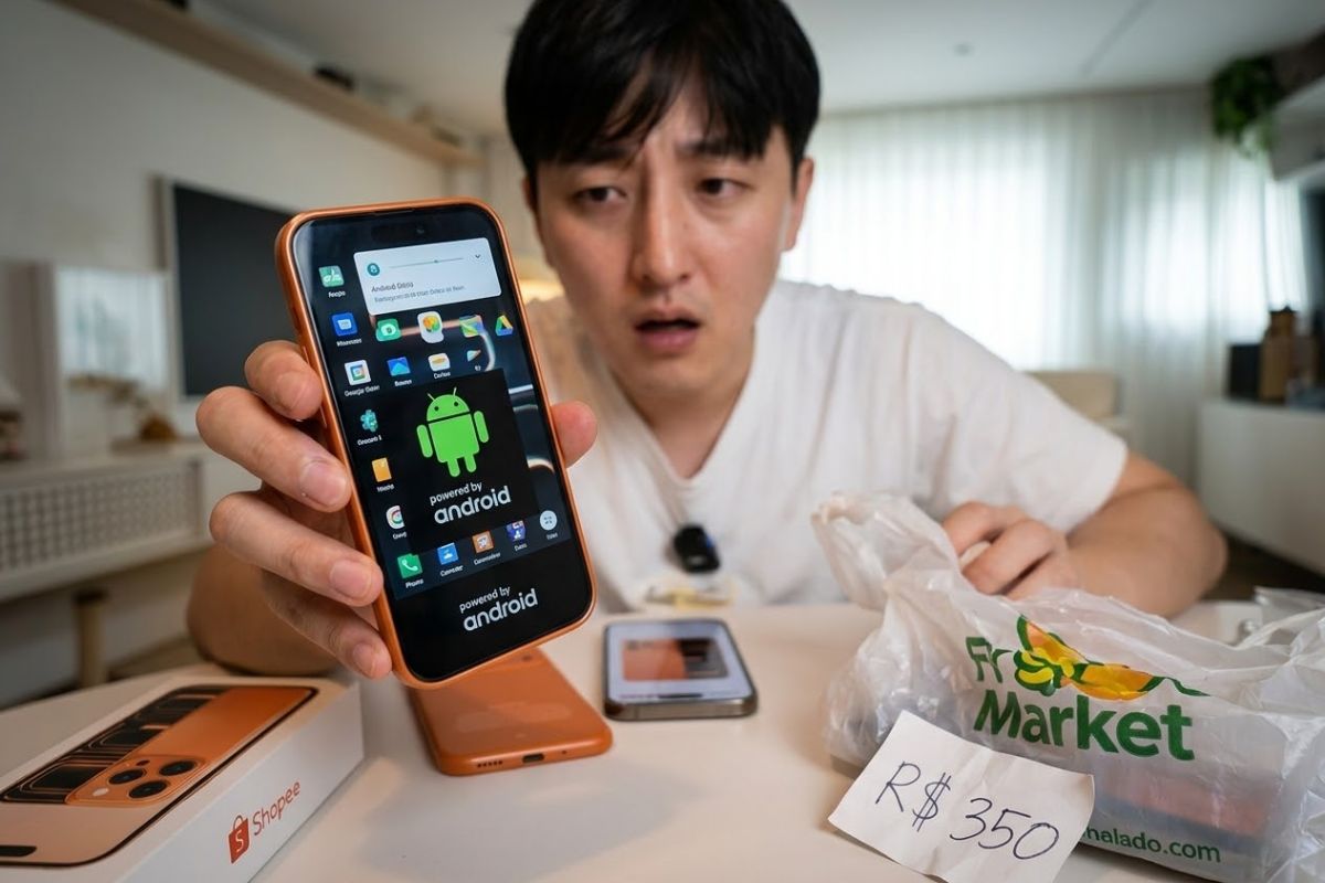 Celular clonado com Android e visual de iPhone: anúncio falso vira golpe e expõe como compradores são enganados online. imagem: IA