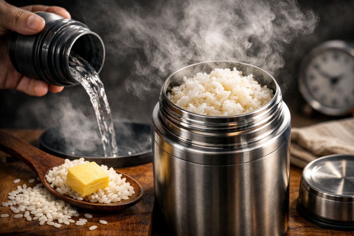 garrafa térmica para arroz com água fervente sem fogão: almoço quente em 5 horas com pré-aquecimento e vedação.
