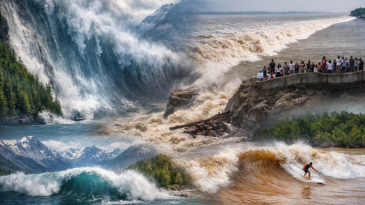Conheça casos reais de ondas gigantes em água doce, incluindo megatsunami, seiche e o fenômeno do Rio Qiantang.
