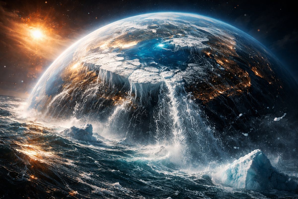 Aquecimento global altera rotação da Terra, derrete calotas polares, eleva nível do mar e intensifica mudanças climáticas que já começam a alongar os dias no planeta. imagem: IA