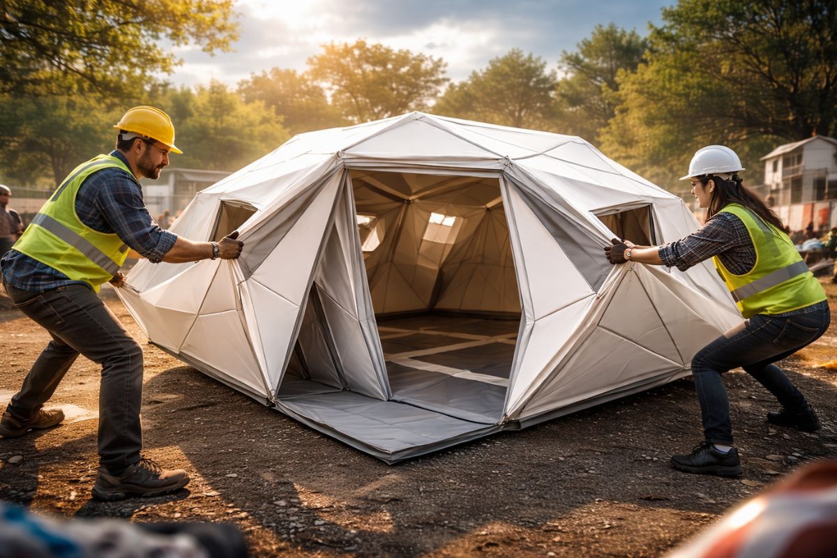 Abrigo inspirado em origami usa painéis e estrutura dobrável para criar abrigo rápido e funcional em emergências.