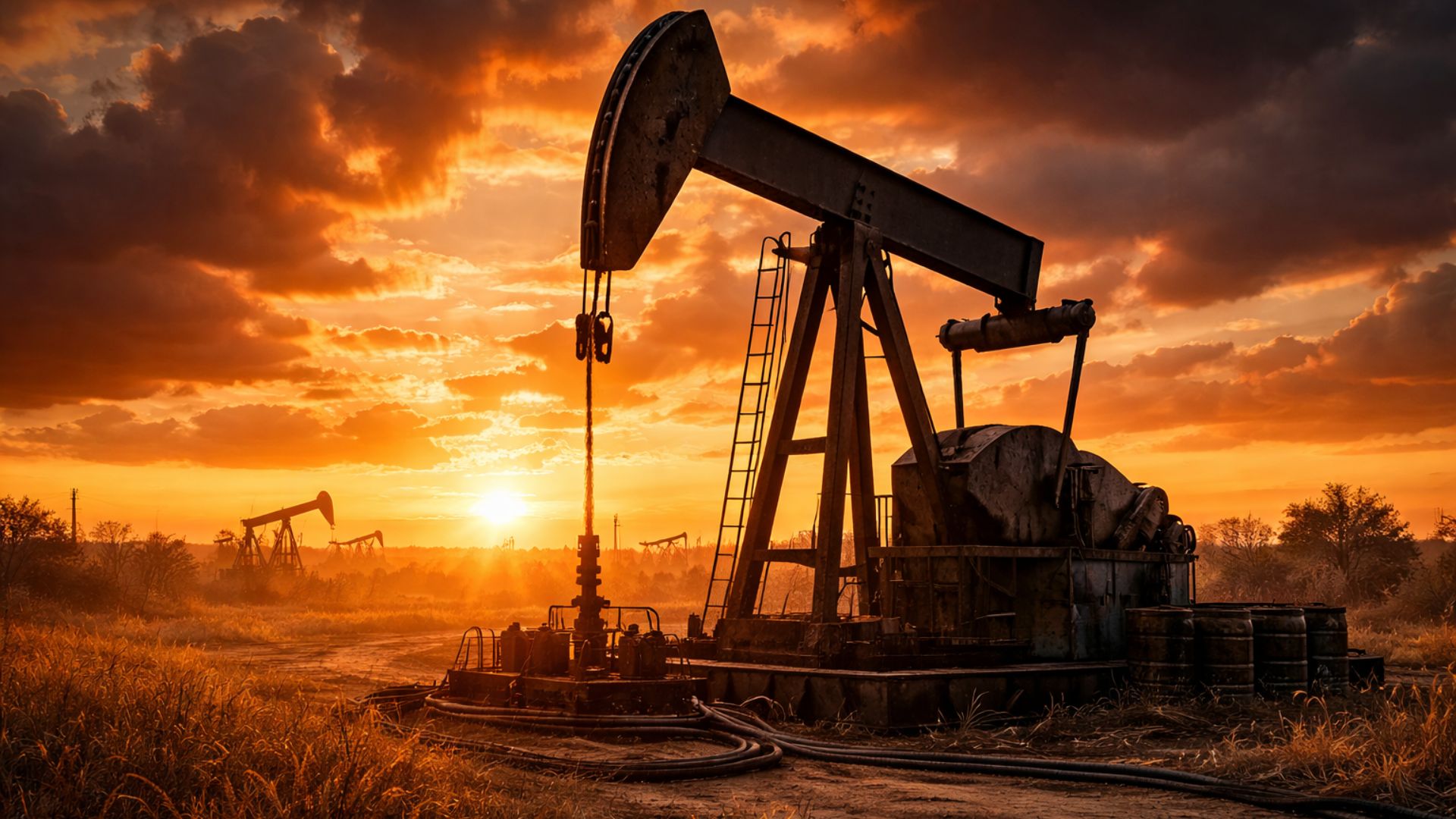 Bomba de extração de petróleo operando ao pôr do sol em campo petrolífero, simbolizando a alta do petróleo no mercado global de energia durante tensões no Oriente Médio.