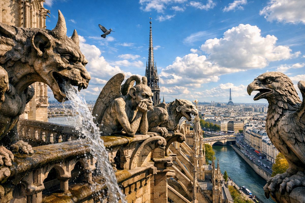 Por que gárgulas existem drenam água, afastam o mal e educam pelo medo; e em Notre-Dame muitas não são gárgulas, mas quimeras neogóticas do século XIX