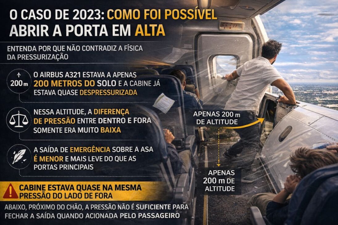 In a commercial airplane, the door does not open during flight because the pressure internal seals the aircraft and prevents opening by passengers.
