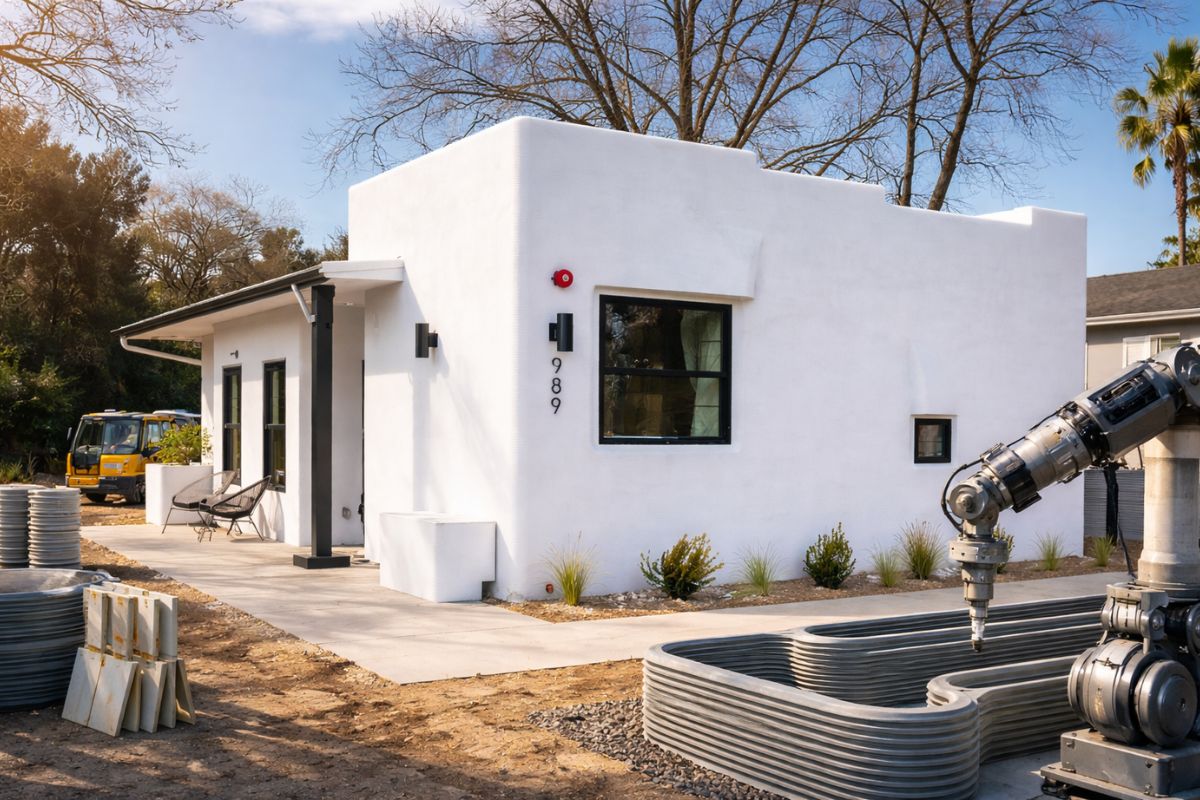 bairro impresso em 3D e casa impressa em 3D mostram como a construção automatizada corta desperdício de material e pode reduzir o preço final.