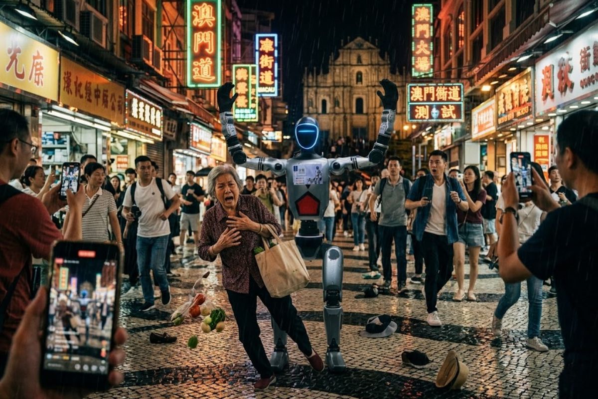 robô humanoide em Macau durante teste promocional de tecnologia reacende debate sobre espaços públicos após susto com idosa.