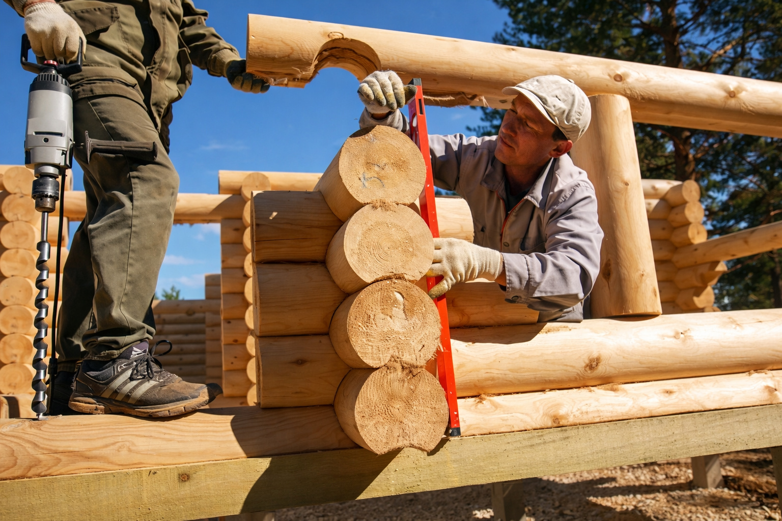 Trabalhadores constroem casa inteira com toras de madeira diante dos olhos de todos e técnica de encaixe perfeito
