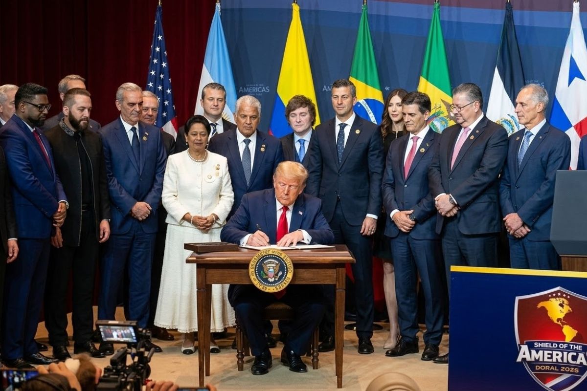 Trump lidera aliança dos Estados Unidos em cúpula contra cartéis e transforma o encontro em recado geopolítico. imagem: IA