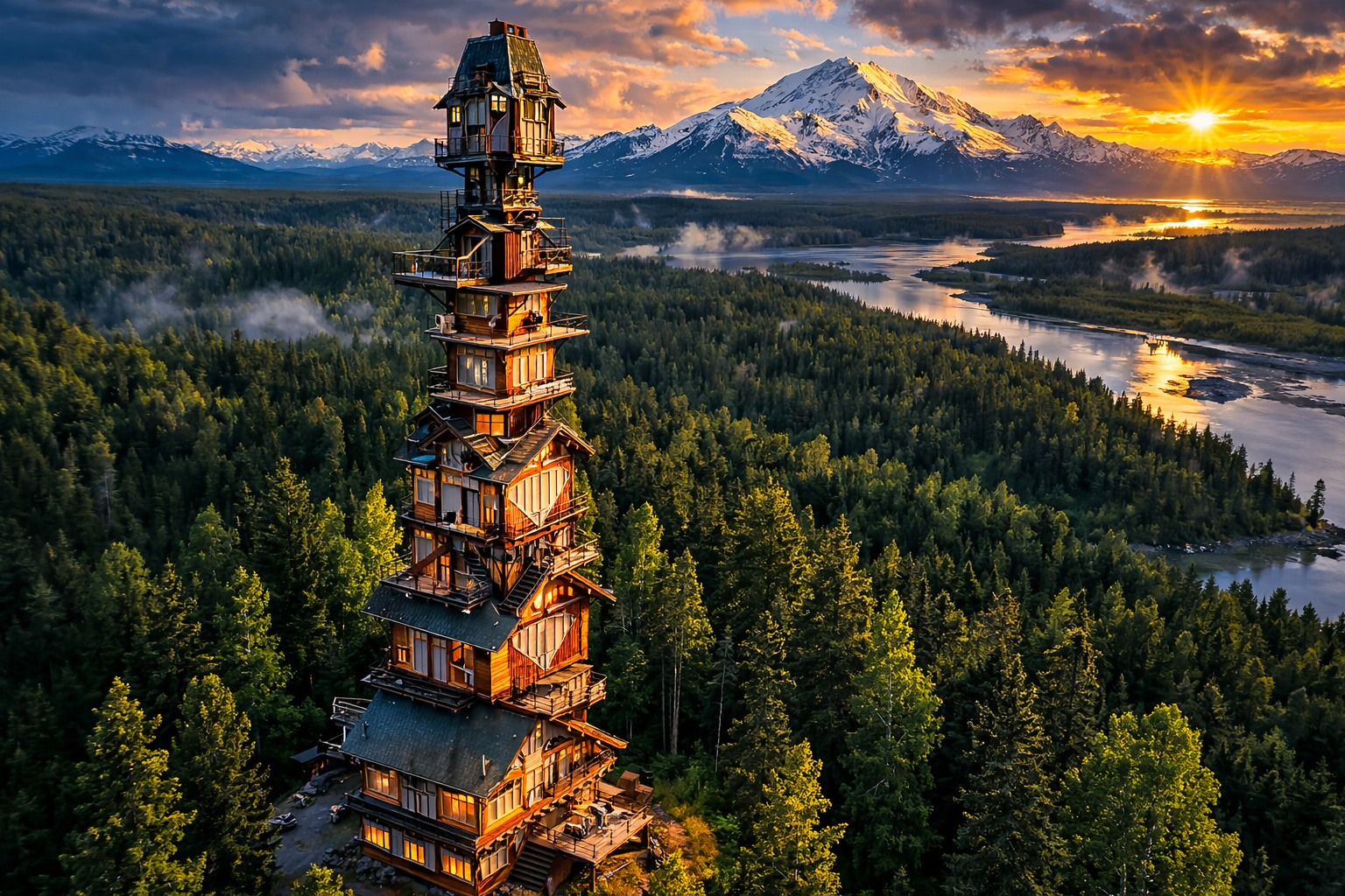 Um homem começou a empilhar cabanas de madeira no Alasca nos anos 90 e acabou criando uma torre residencial