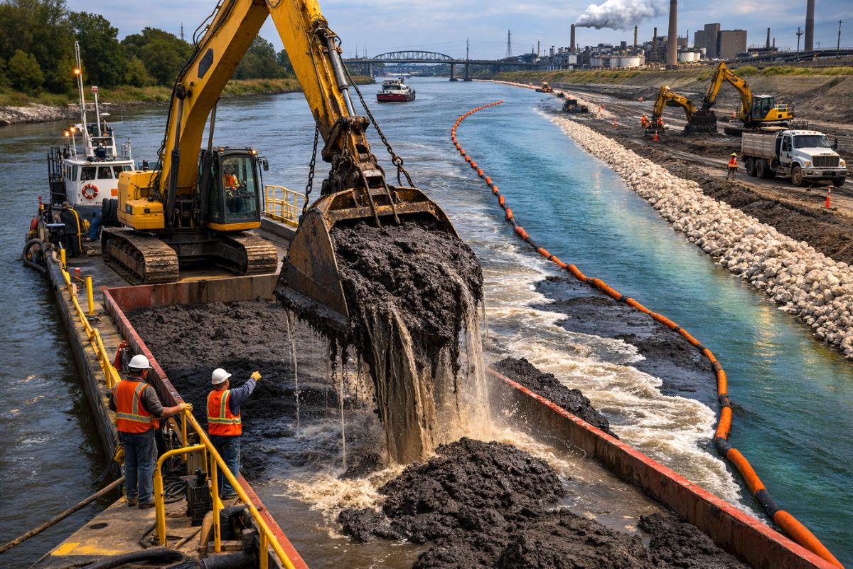 Rio em Buffalo passa por dragagem no Buffalo River com retirada de sedimentos contaminados e recuperação do canal de navegação para enfrentar décadas de poluição industrial.