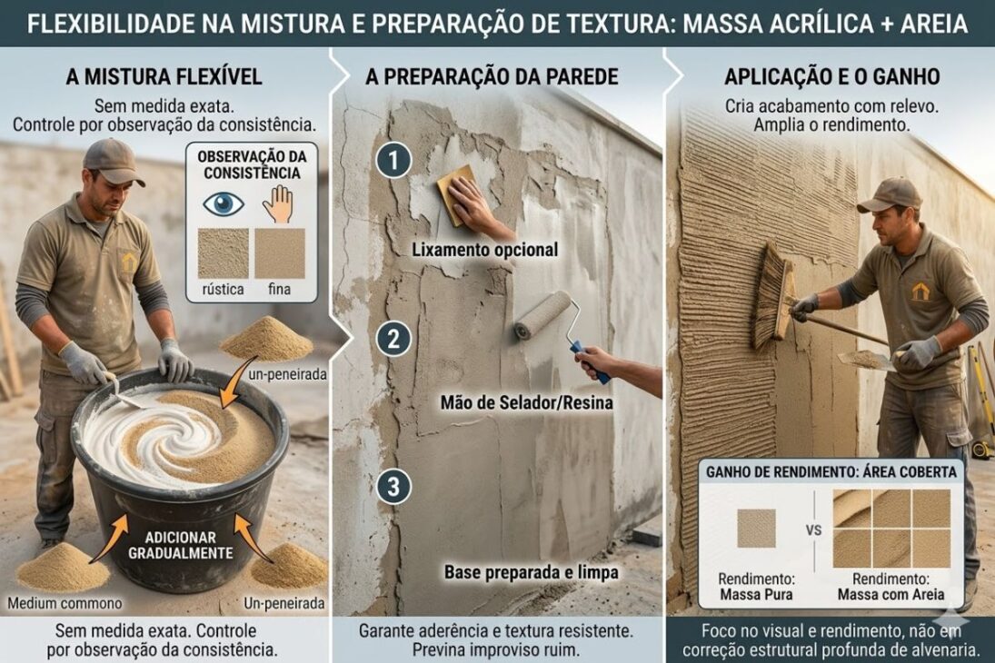 Simple mixture with acrylic mass, common sand, and old broom creates resistant texture, improves yield, and can reduce the finishing cost of internal and external walls.