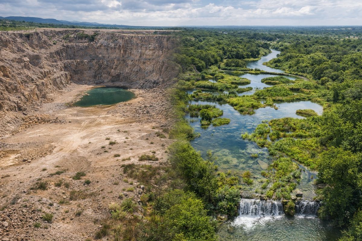 Na pedreira estéril, a água reduz enchentes, reativa nascentes e ajuda o aquífero com infiltração e proteção rio abaixo. imagem: IA