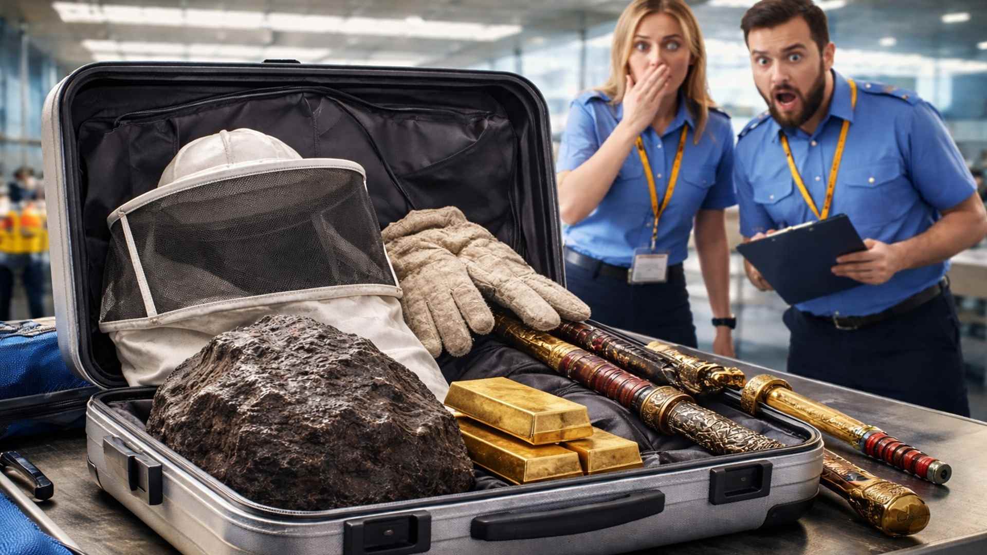 Relatório revela itens curiosos encontrados em bagagem perdida em 2025, incluindo robô, meteorito histórico, prótese motorizada, ouro e espadas.