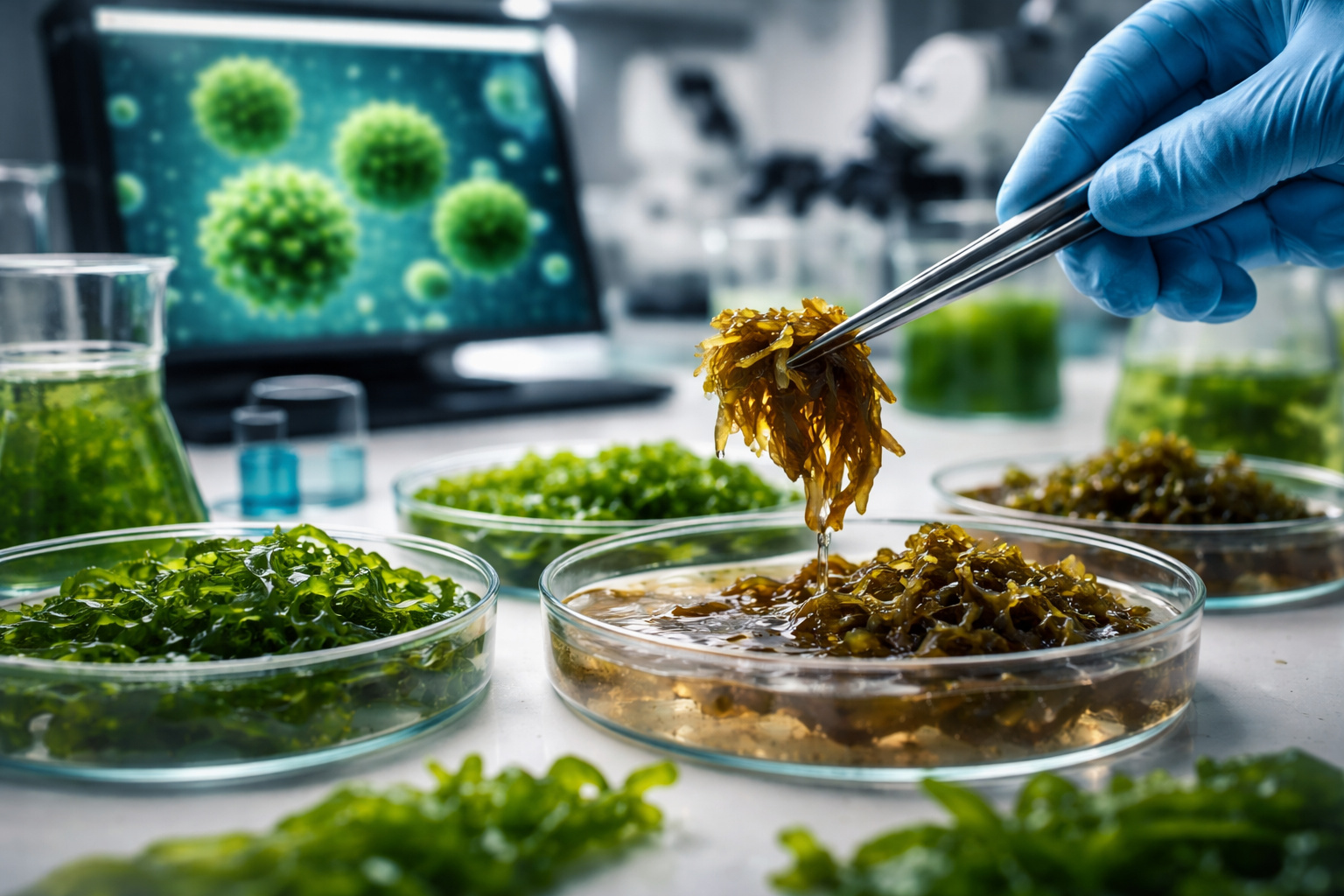 Pesquisador manipula algas marinhas em laboratório durante estudo científico sobre compostos naturais capazes de bloquear a infecção por norovírus.