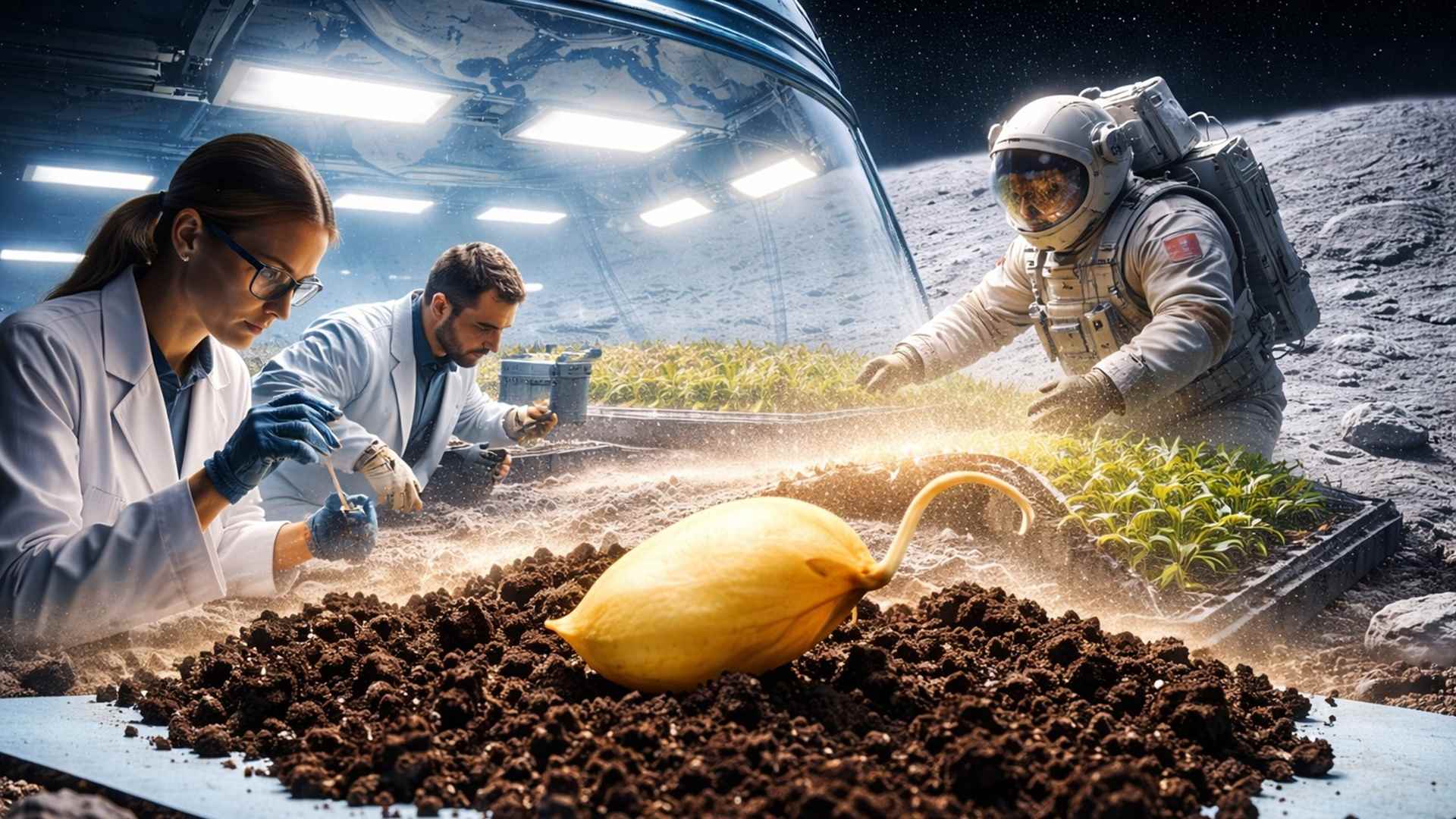 Estudo mostra cultivo de alimento na Lua em solo lunar simulado e aponta possibilidade de produção de comida para futuras missões espaciais.