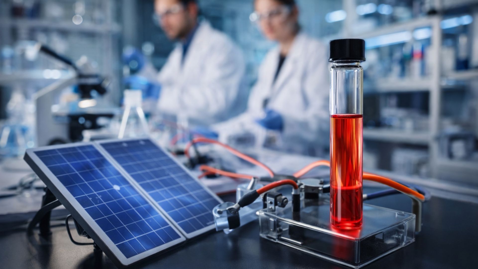 Bateria solar molecular em tubo de ensaio com líquido vermelho conectada a painel solar em laboratório, com cientistas desfocados ao fundo.