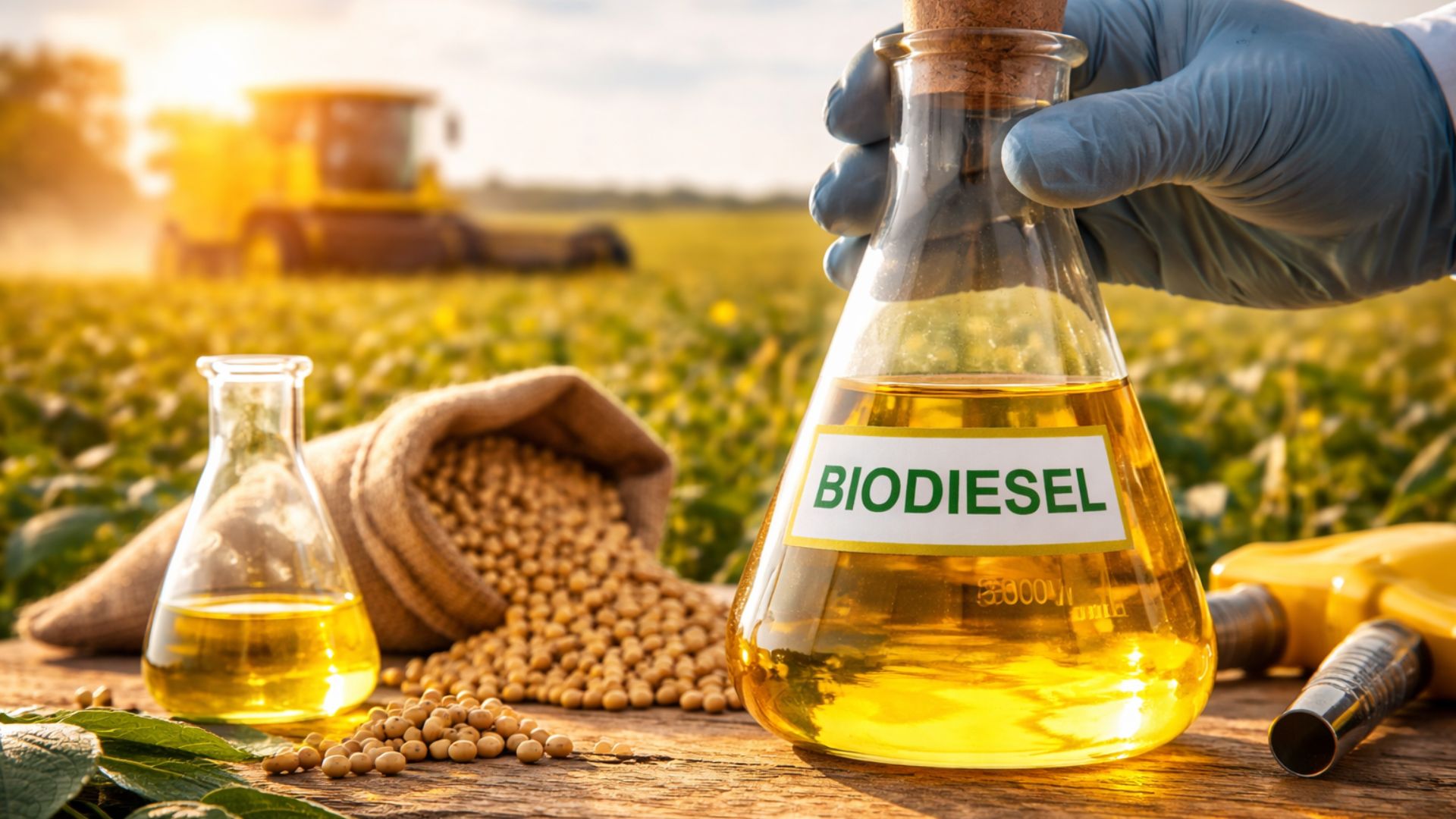Frasco de biodiesel em laboratório com soja ao redor e colheitadeira ao fundo em lavoura, representando biocombustíveis e produção agrícola no Brasil.