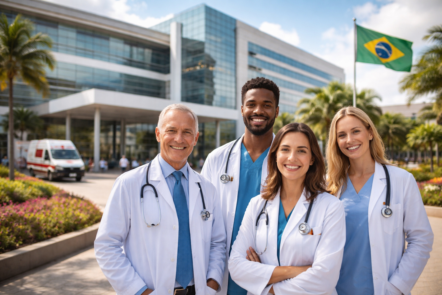 Fachada moderna de hospital brasileiro de alto padrão com equipe médica caminhando na entrada principal, representando instituições entre as melhores do mundo no ranking 2026.