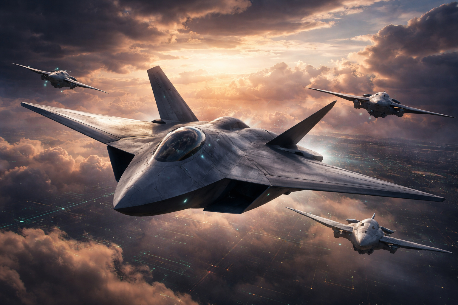 Caça de sexta geração do programa GCAP voando com drones wingman em formação.