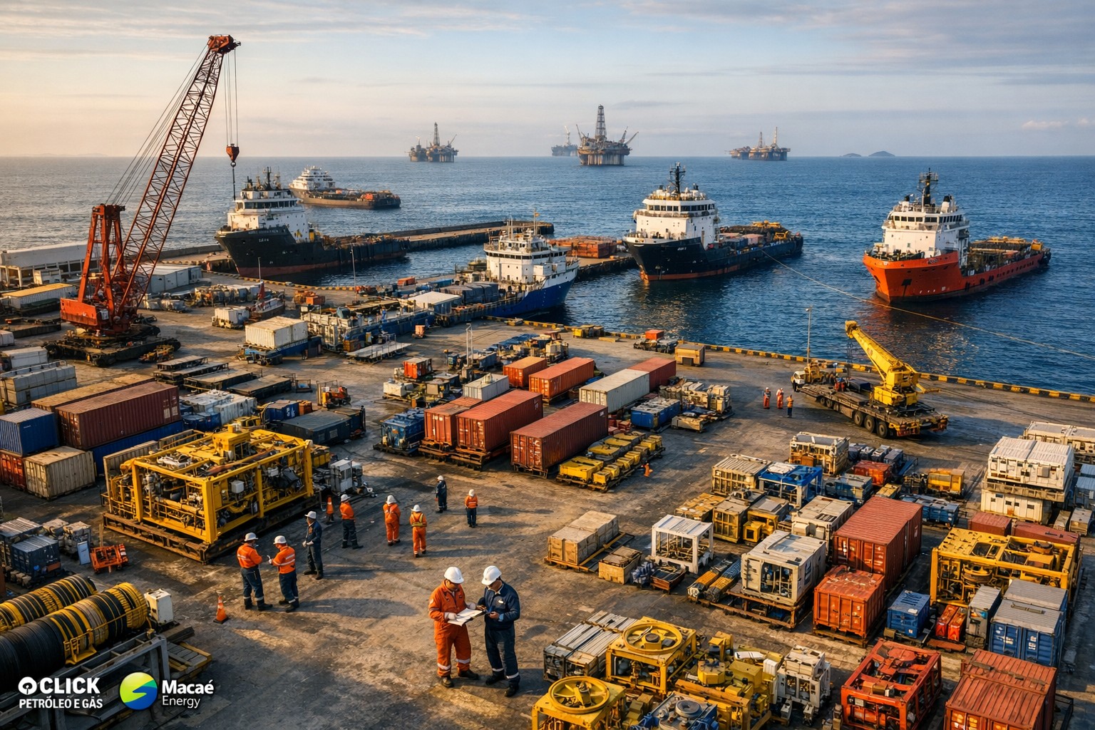 Cadeia de fornecimento da indústria de petróleo e gás com equipamentos offshore, logística portuária e fornecedores do setor energético