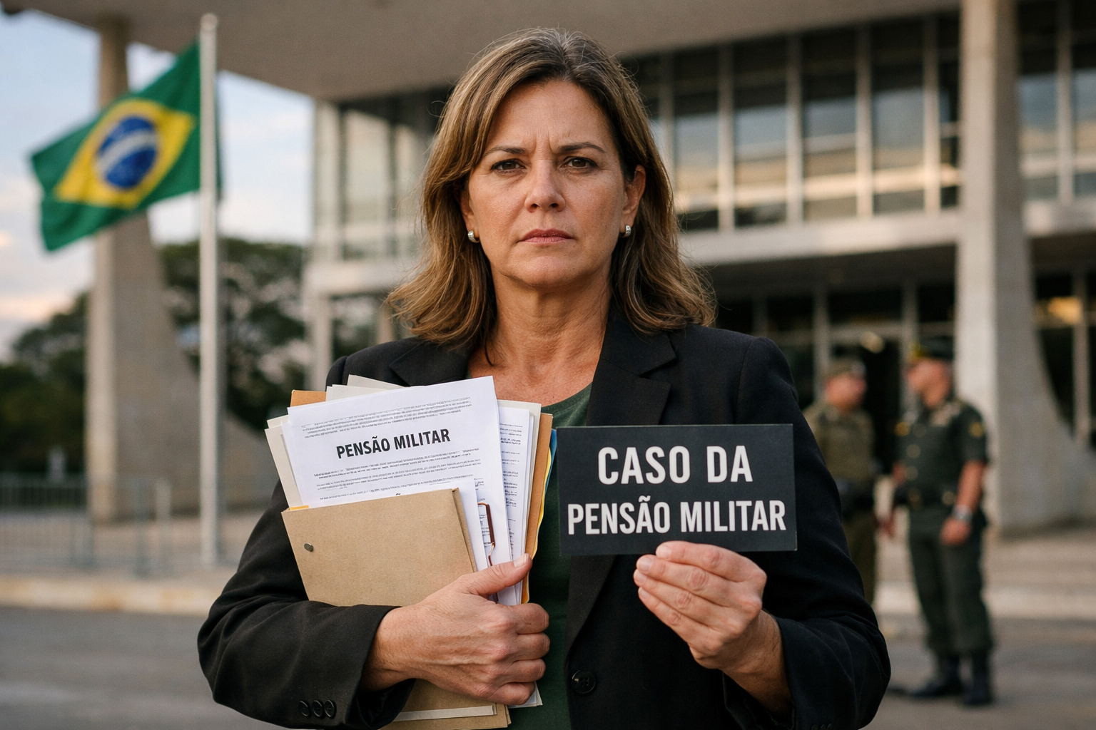 Mulher em frente ao STF em caso judicial envolvendo pensão militar.