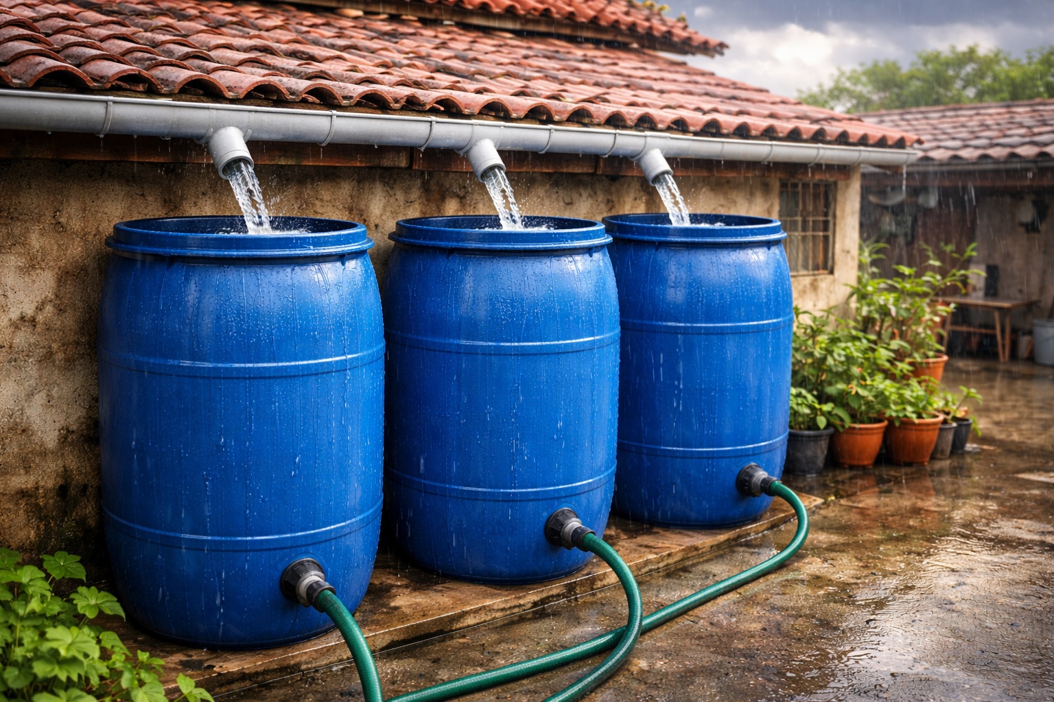 Família instala cisterna caseira usando galão de 200 litros conectado à calha do telhado, economiza R$ 40 por mês na conta de água e capta até 150 litros a cada chuva de 10 mm para usar em vasos, jardim e lavagem do quintal