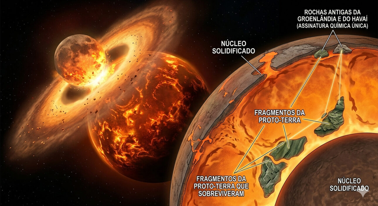 The collision that created the Moon 4.5 billion years ago should have completely melted the interior of the Earth, but ancient rocks from Greenland and Hawaii have a chemical signature that can only be explained if fragments of the proto-Earth survived the impact and still exist today, hidden in the mantle.