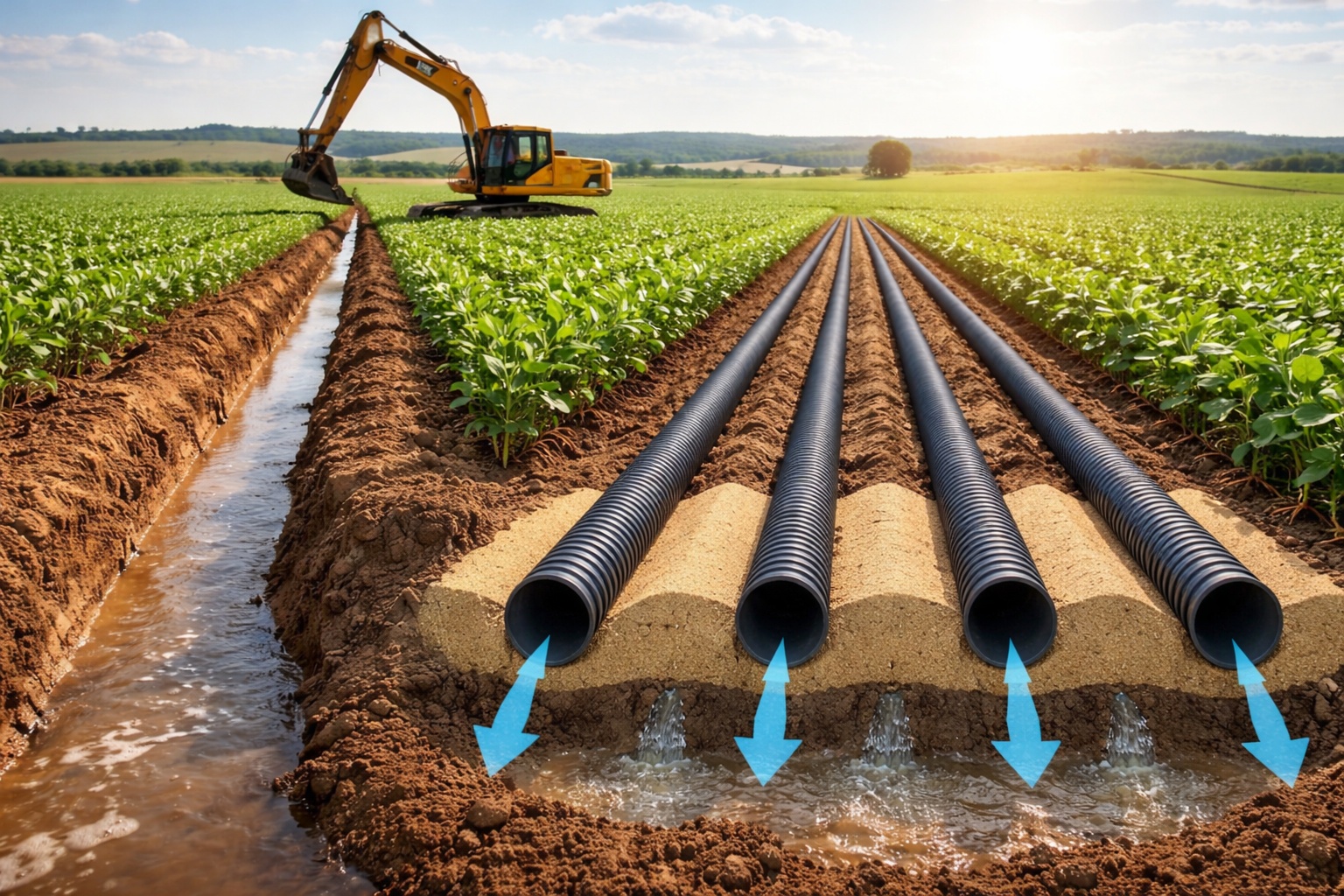 Agricultores começaram a abrir valas rasas ao redor das lavouras e criaram sistema simples de drenagem que direciona a água da chuva, reduz enxurradas e ajuda a proteger o solo contra erosão em terrenos inclinados