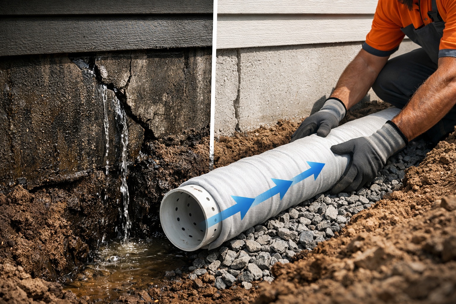 Com tubo PVC de 100 mm e manta geotêxtil, técnico ensina drenagem perimetral que protege fundação contra infiltração e custa menos de R$ 500, muito mais barato que quebrar piso e refazer estrutura