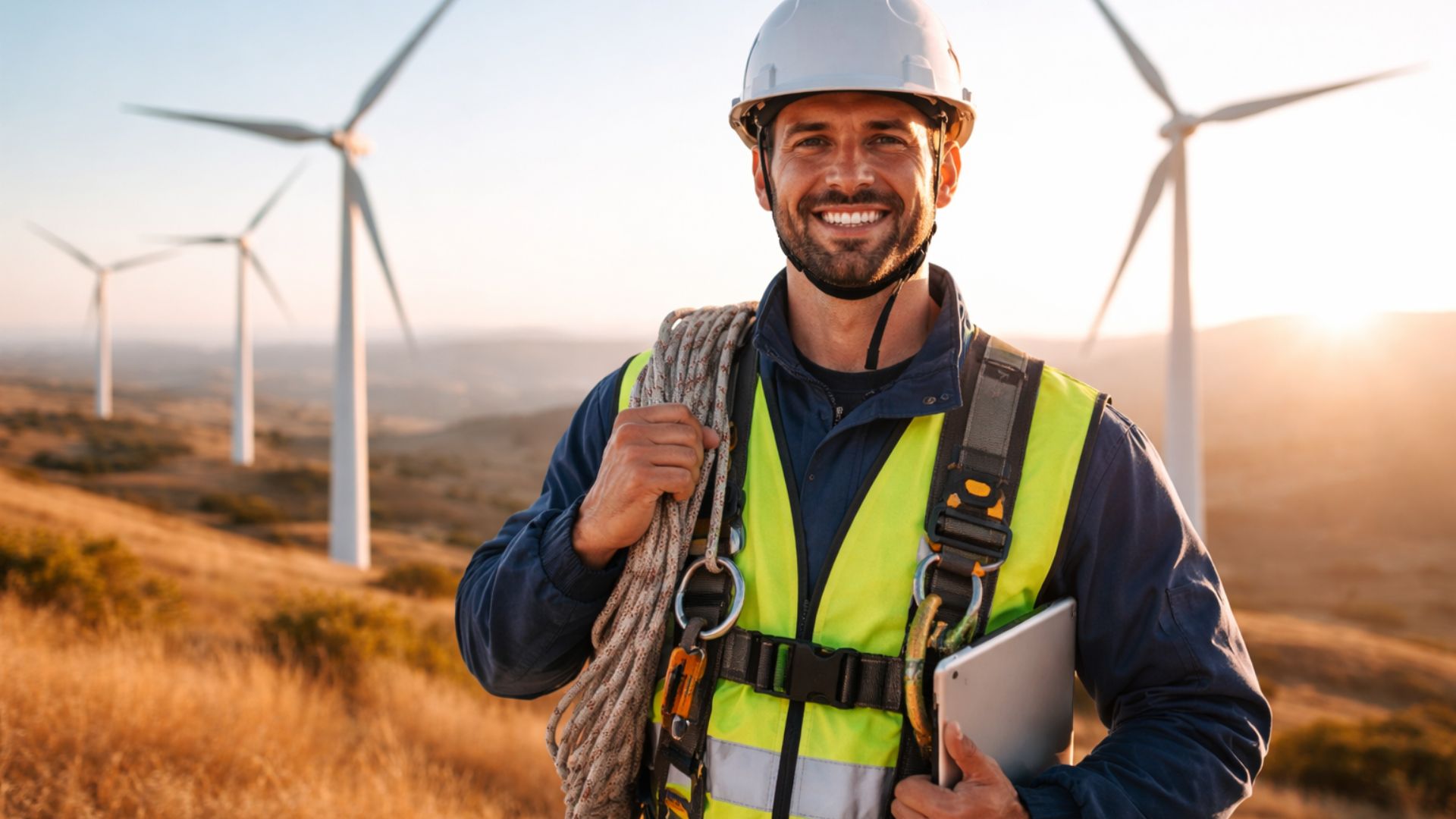 Profissional de energia eólica sorrindo em parque eólico com turbinas ao fundo, usando capacete, colete de segurança e equipamentos de trabalho.