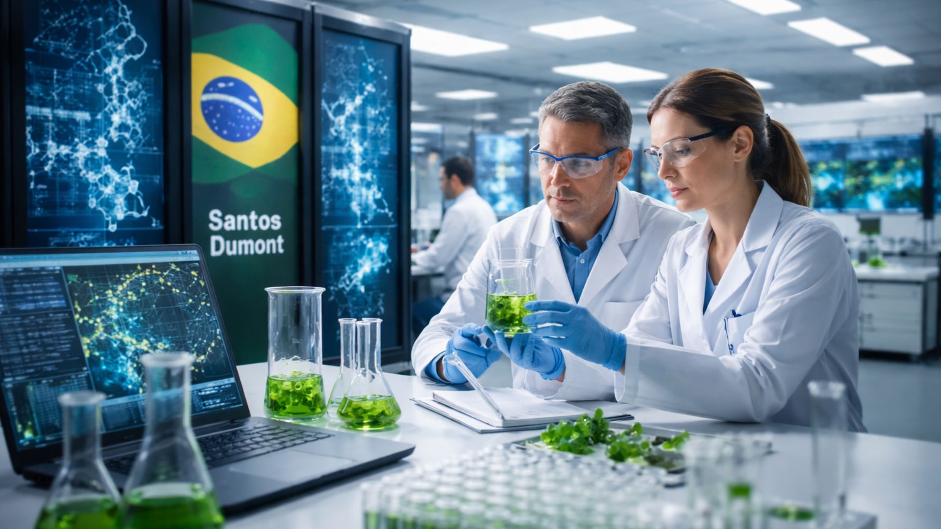 Cientistas analisam amostras de biomassa vegetal em laboratório enquanto utilizam computador para simular enzimas ligadas à conversão de resíduos agroindustriais em energia limpa com apoio do supercomputador Santos Dumont.