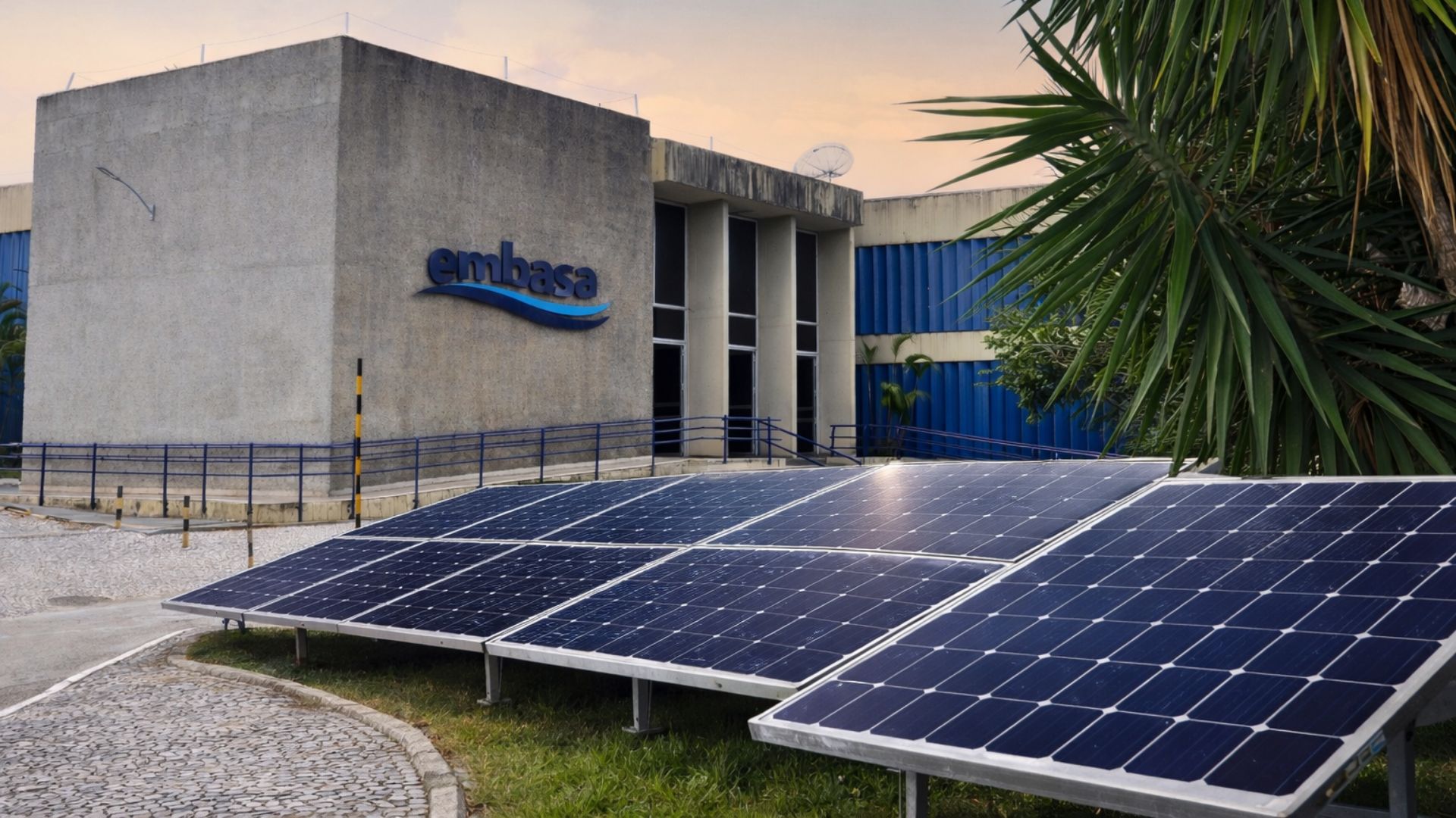 Sede da Embasa na Bahia com painéis de energia solar instalados em frente ao prédio, representando o avanço da transição energética e uso de fontes renováveis pela empresa.