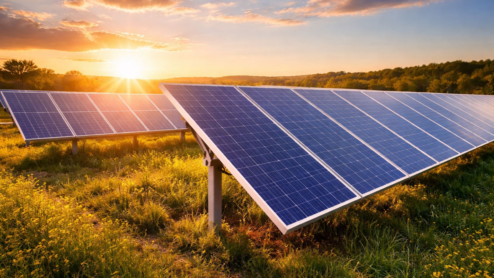 Painéis de energia solar instalados em campo aberto durante o pôr do sol, formando uma usina fotovoltaica que gera eletricidade limpa em um ambiente natural.