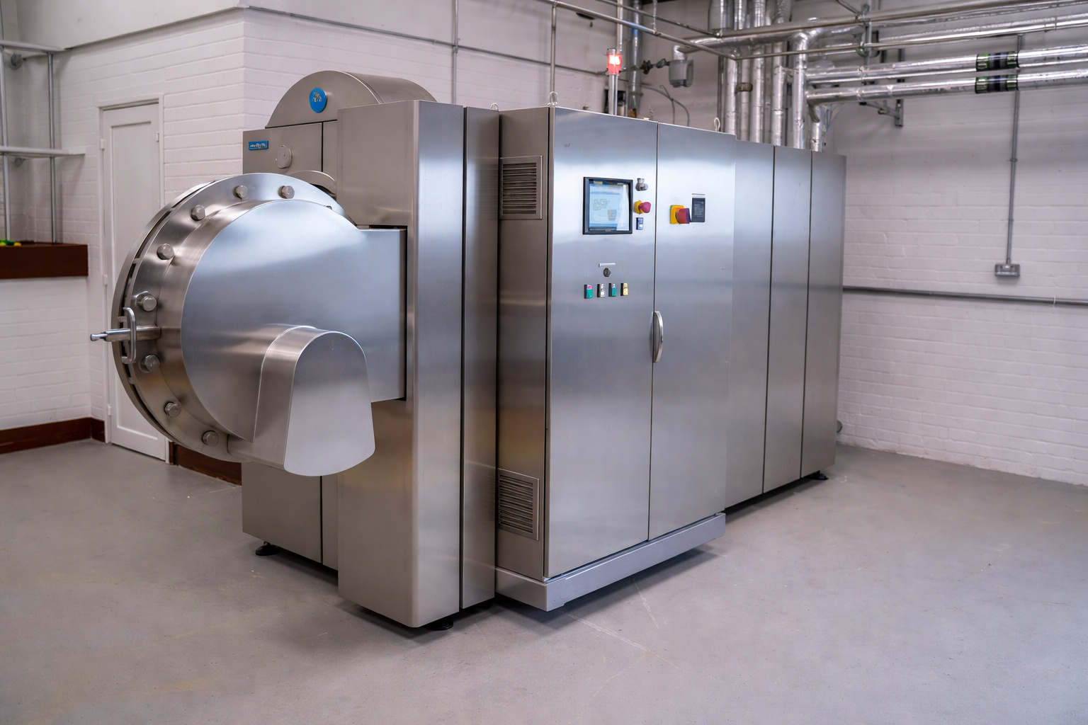 Equipamento de hidrólise alcalina em instalação industrial na Escócia, utilizado para cremação por água como alternativa sustentável à cremação tradicional.