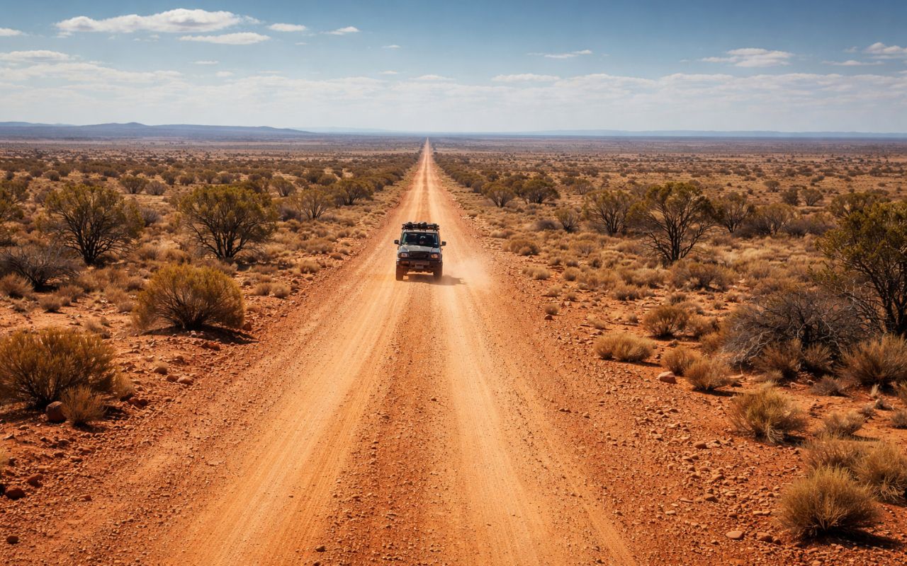 A Plenty Highway, estrada isolada da Austrália, atravessa 498 km de deserto no Território do Norte. O trajeto remoto exige veículos 4x4, planejamento e equipamentos de segurança.