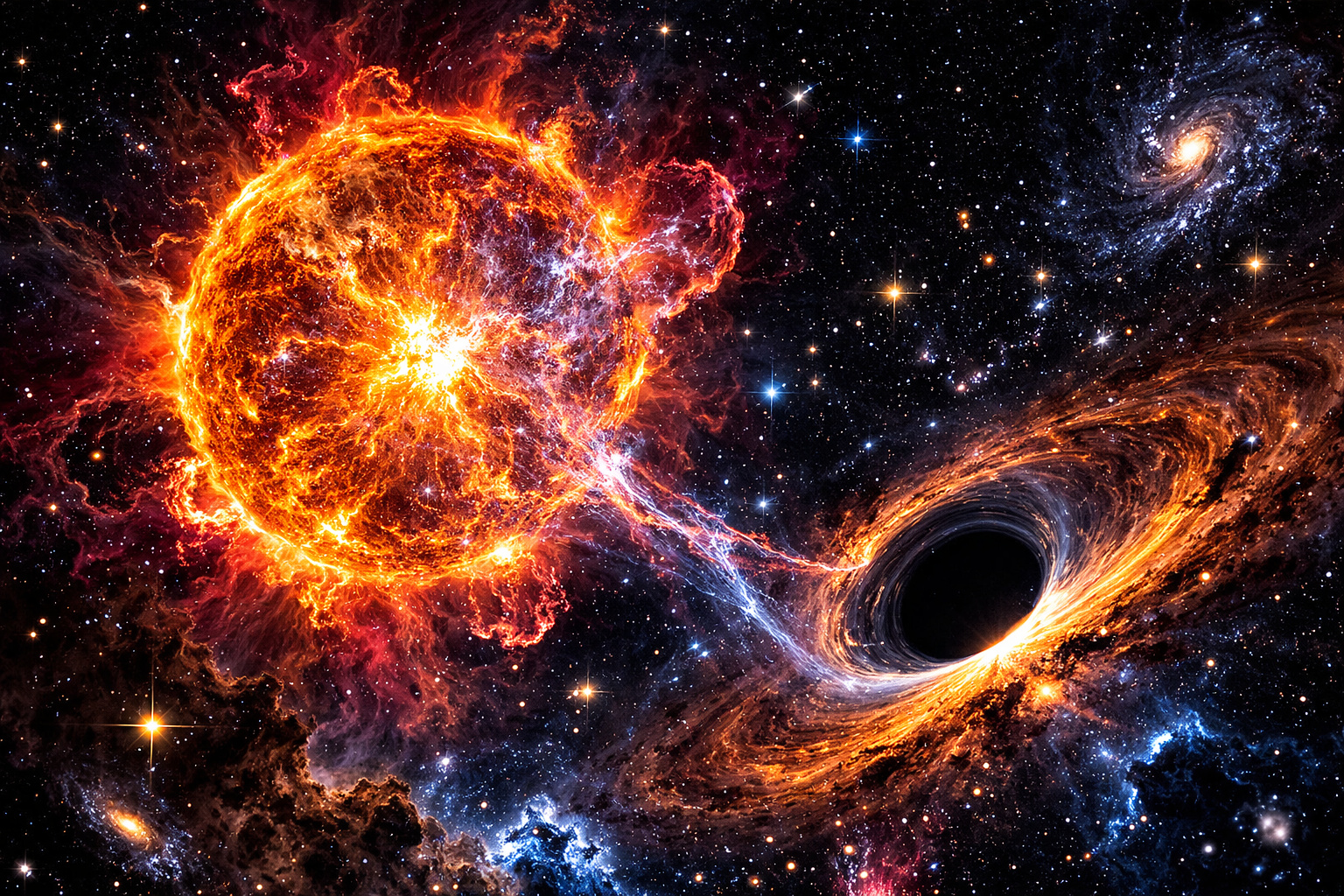 Estrela supermassiva do universo primordial interagindo com buraco negro em cenário cósmico observado por telescópios como o James Webb