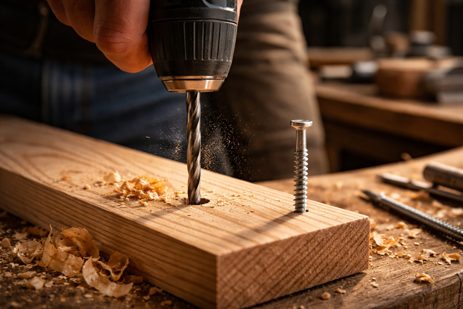 Carpinteiro explica por que fazer um pequeno furo guia antes de colocar parafusos na madeira evita rachaduras nas tábuas e móveis e deixa a fixação muito mais firme e precisa