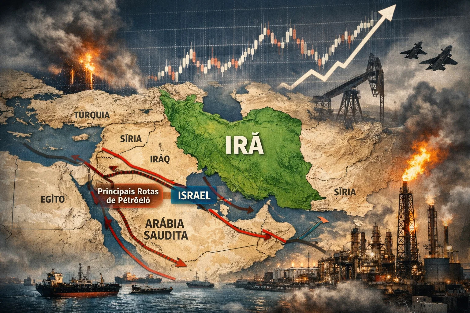 Mapa do Oriente Médio mostrando impacto da guerra no preço do petróleo e reflexos na economia mundial