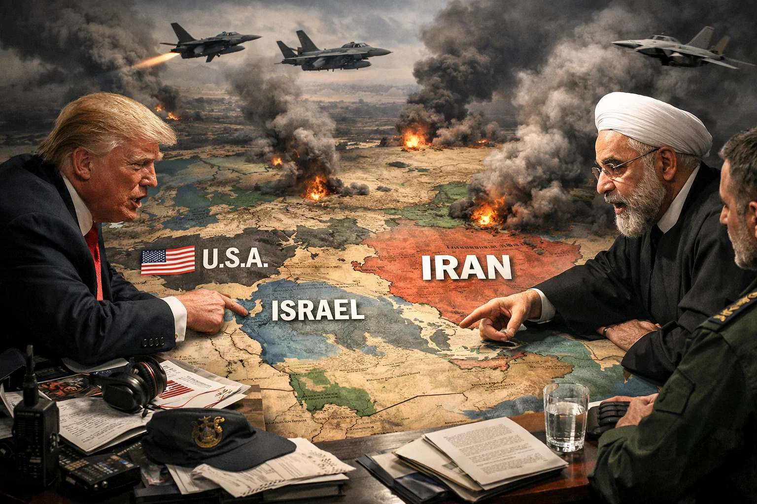 Mapa do Oriente Médio com destaque para guerra entre Estados Unidos, Israel e Irã após declarações de Donald Trump.