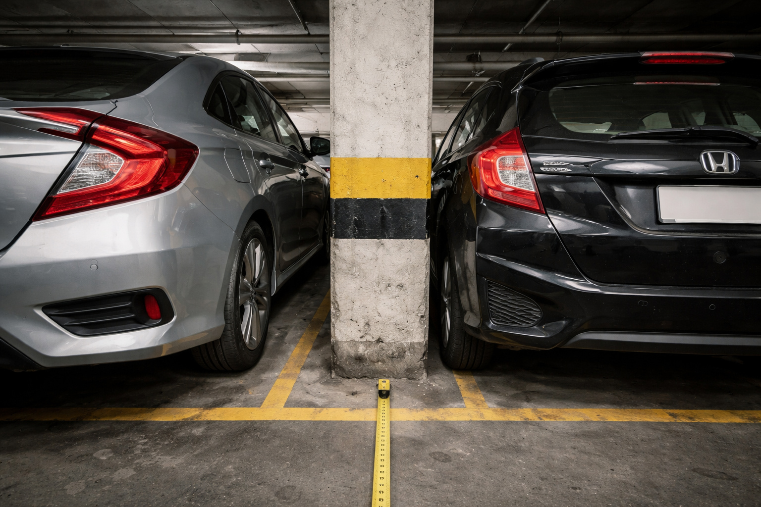 Carros estacionados em vagas de garagem estreitas em estacionamento de condomínio com pilar estrutural ao centro, ilustrando dificuldade de manobra causada por espaço reduzido.