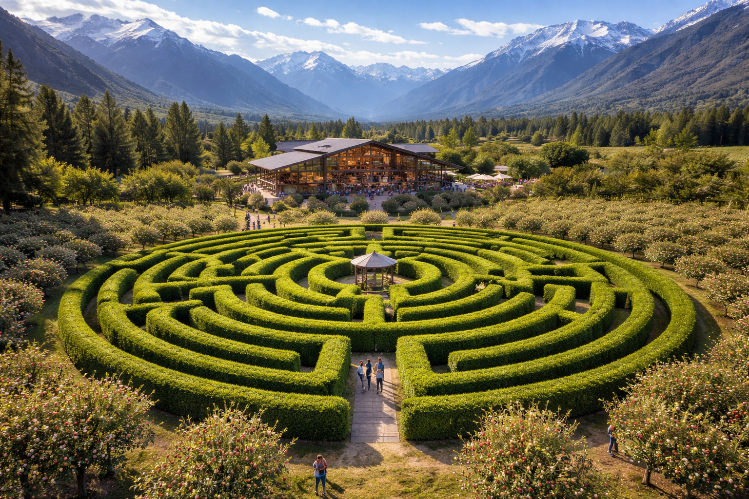 labirinto turístico em pomar de macieiras na Patagônia
