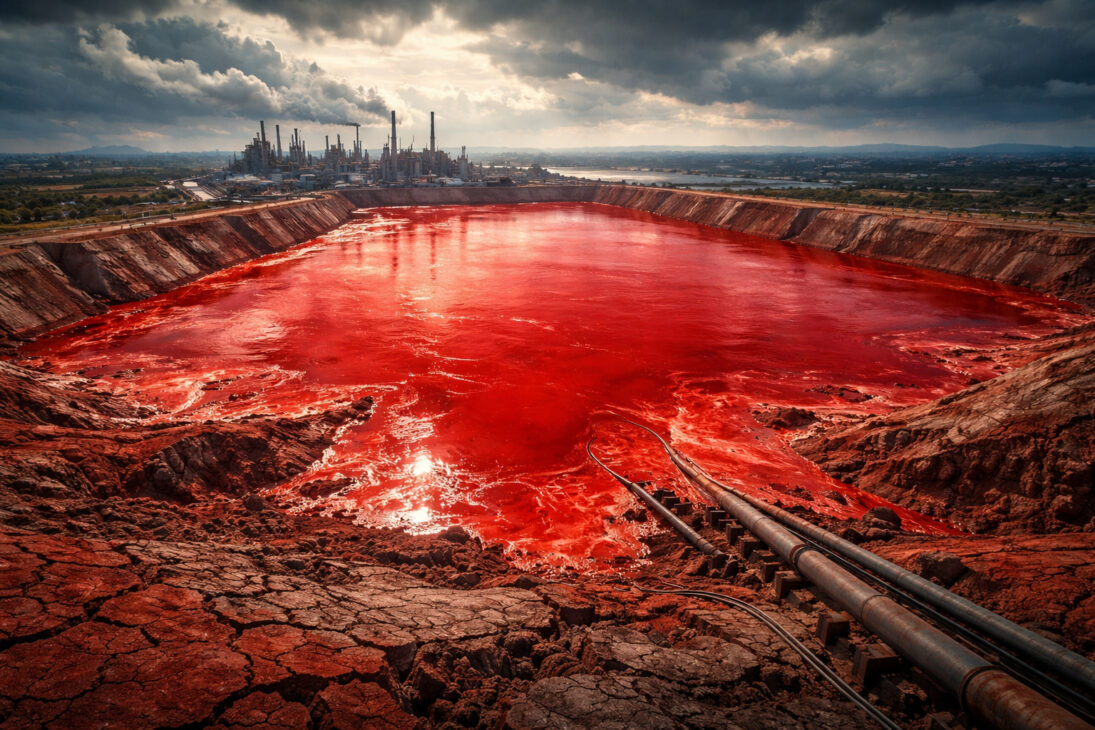 With over 4.4 billion tons accumulated in industrial ponds around the world and about 160 million new tons produced every year, red mud from the aluminum industry has become one of the largest deposits of caustic waste on the planet; in 2010, 1 million m³ broke through a dam in Hungary and flooded two cities
