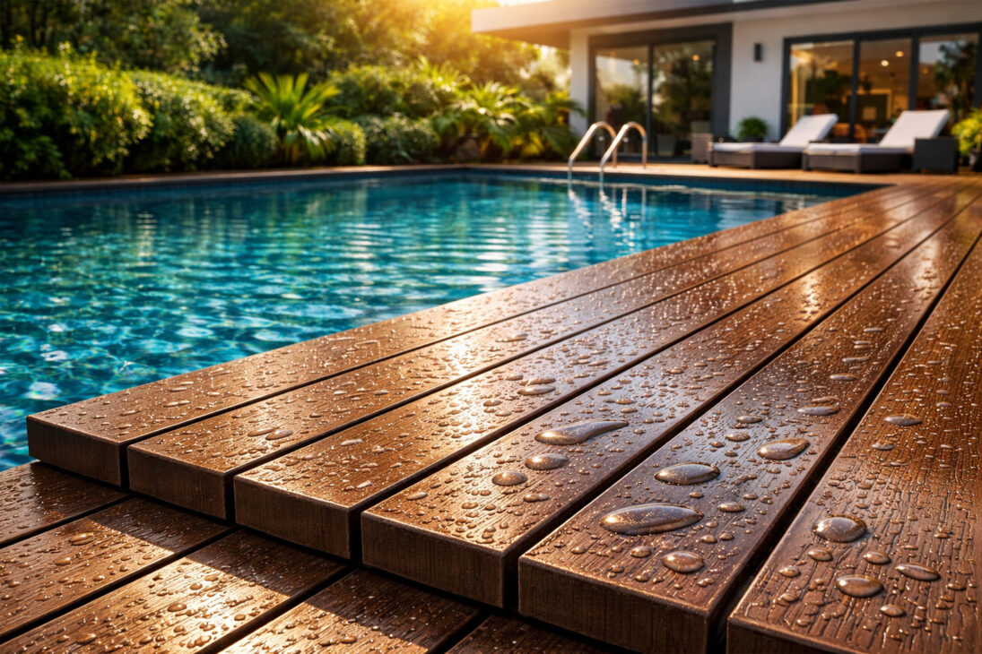 Plastic wood made from recycled waste can last over 30 years without rotting, withstand rain and intense sun, and is replacing decks and natural wood structures in gardens, pools, and outdoor areas