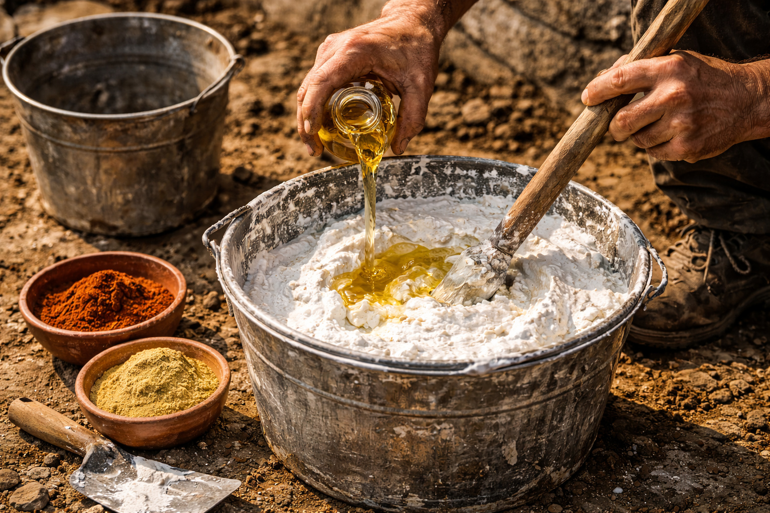 Pedreiro mostra como fazer impermeabilização de parede externa com cal, óleo de linhaça e pigmento mineral, técnica antiga que cria película hidrofóbica e custa uma fração das tintas acrílicas