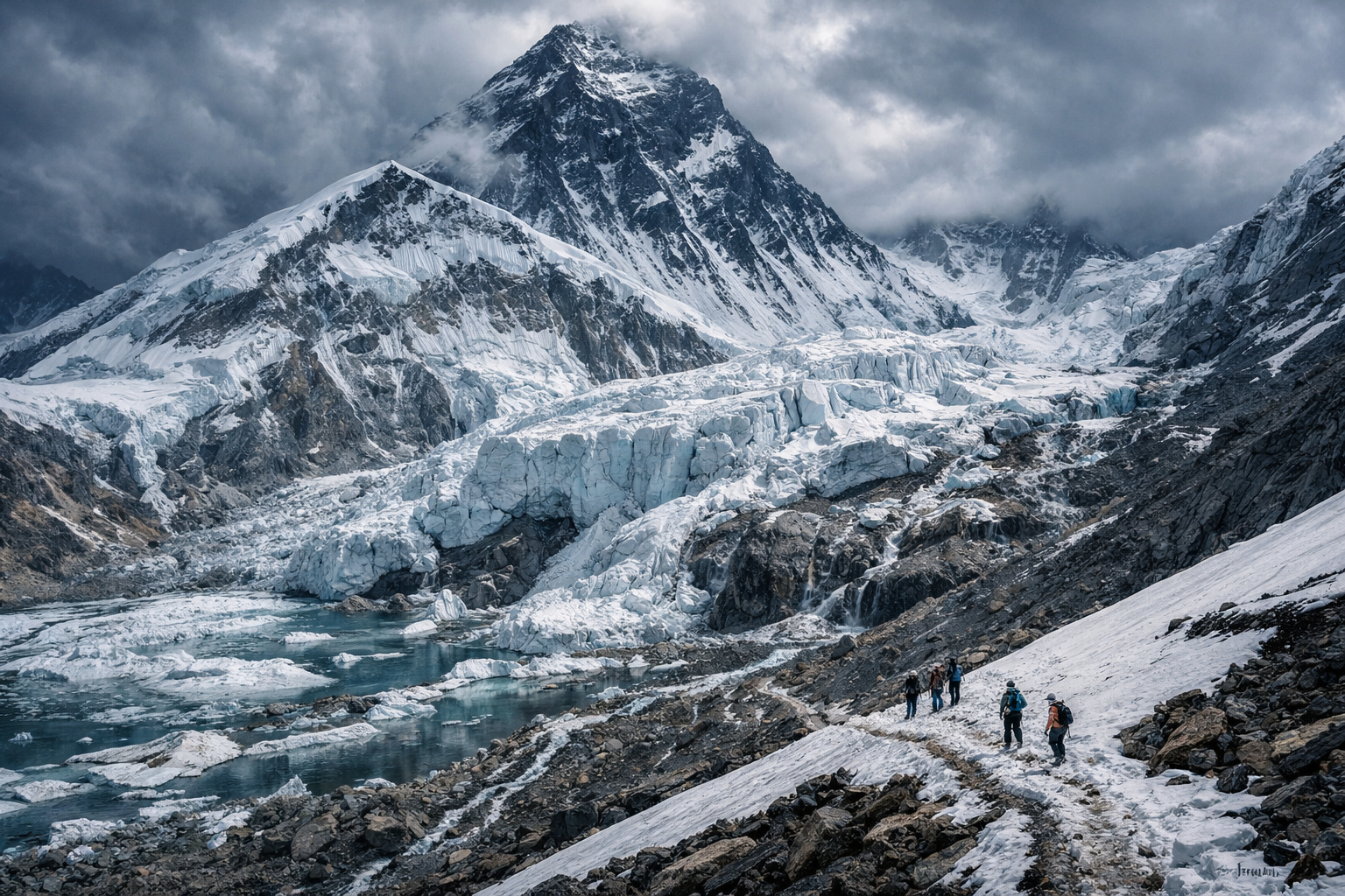 Monte Everest com geleiras derretendo e montanhistas na encosta sob céu dramático.