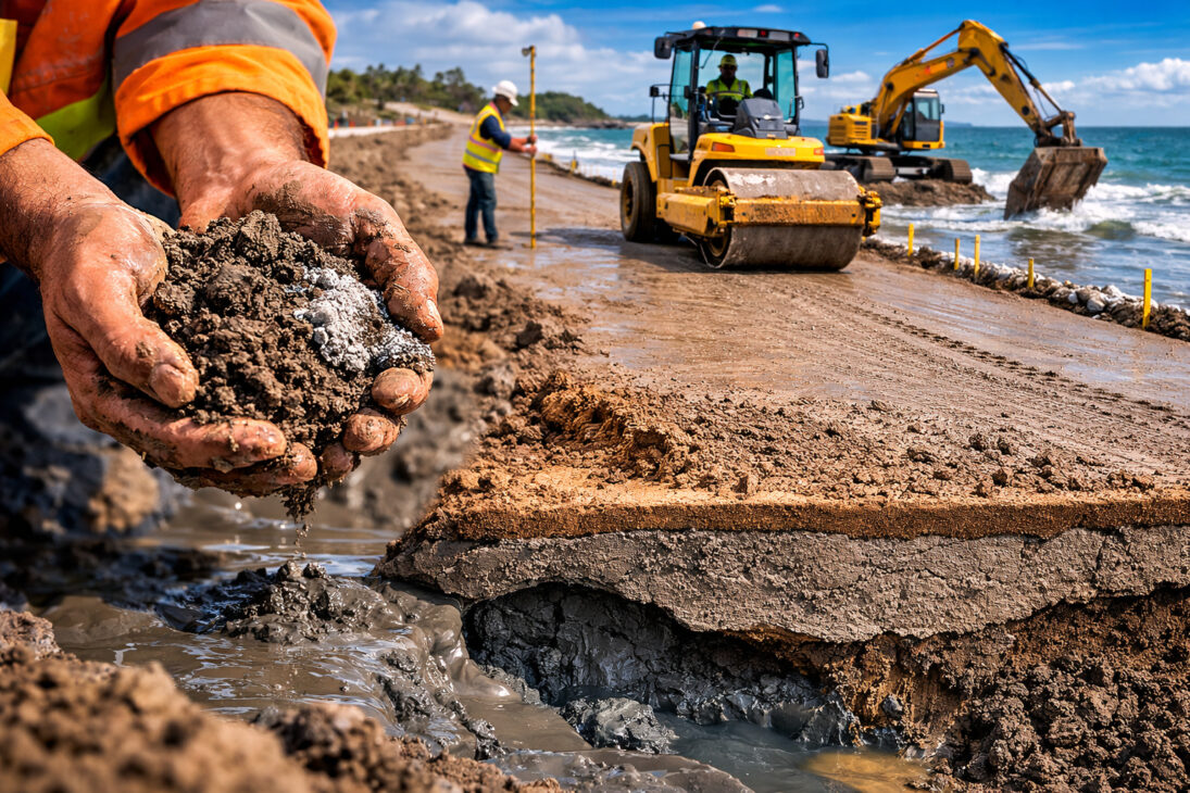 Mixing marine sludge with sand and small amounts of cement can transform coastal sediments into a material called mudcrete used in the construction of roads and embankments: the mixture stabilizes soft soils, increases the load-bearing capacity of the terrain, and allows for the construction of infrastructure in areas where the natural soil would not support the weight of the works