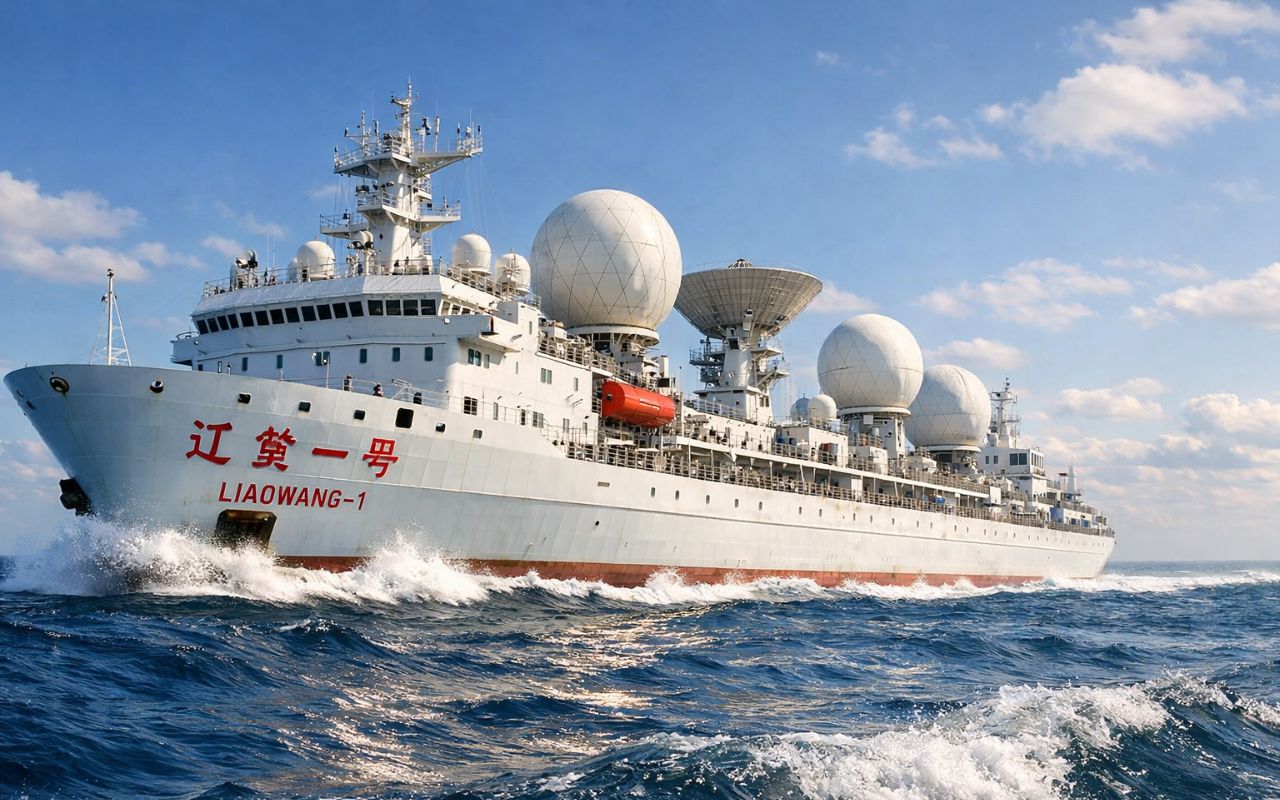 Navio espião Liaowang-1 da China atua perto do Estreito de Ormuz com tecnologia capaz de monitorar até 1.200 mísseis e atividades militares em até 6.000 km.