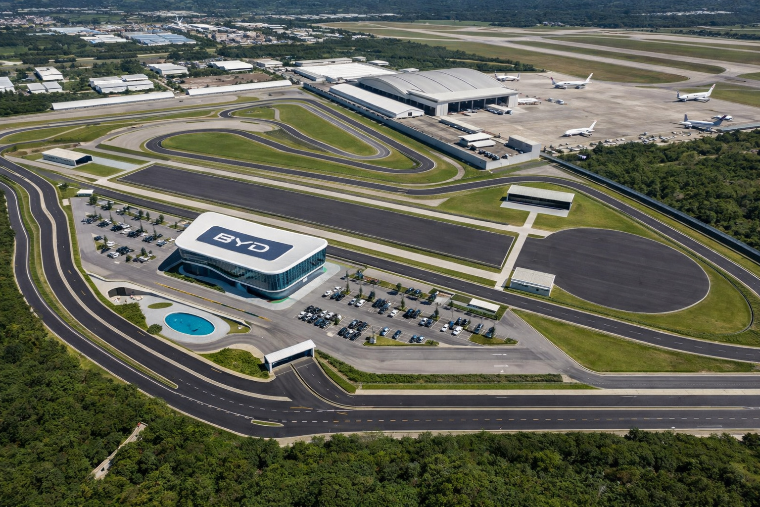 Centro de testes automotivos da BYD planejado para o Aeroporto do Galeão no Rio de Janeiro com pistas de avaliação e infraestrutura para validação de veículos