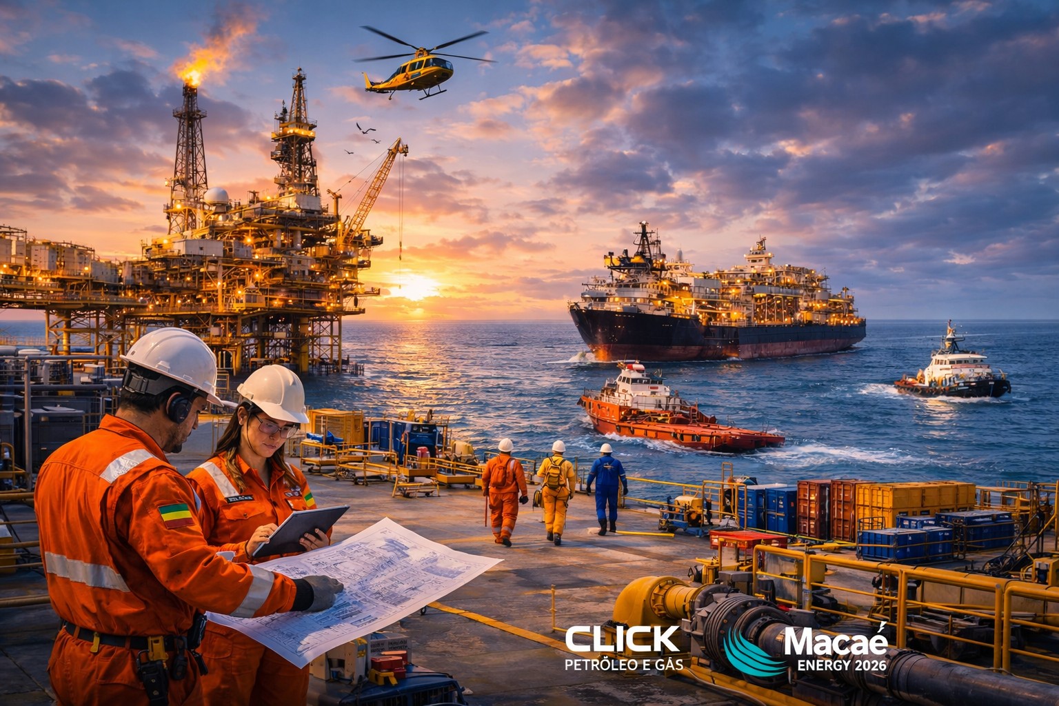 Operação offshore de petróleo e gás com plataformas, navios de apoio e engenheiros analisando projetos no setor energético